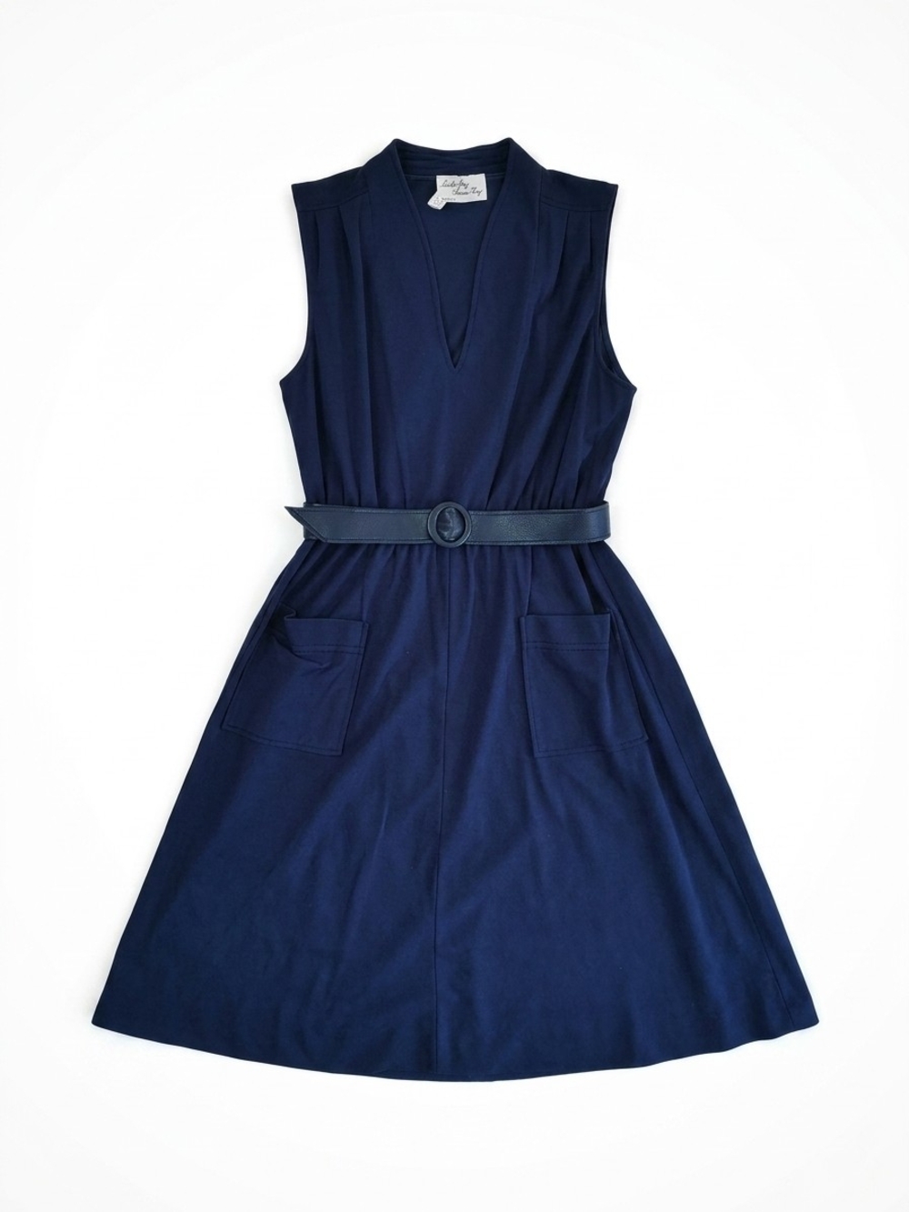 Lady Page by Susan Page Sleeveless Navy Midi with Belted Waist V-neck Size 12